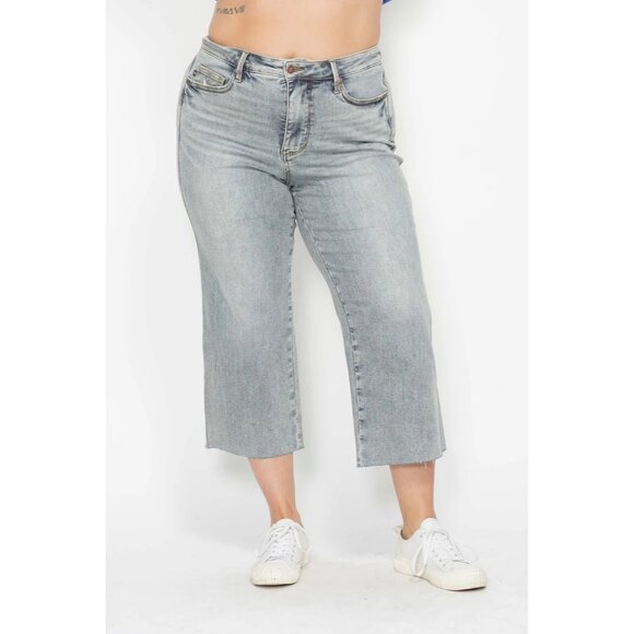 Judy Blue Mid Rise Tummy Control Raw Hem Crop Wide Leg Jean - Size 22W - Picture 2 of 14